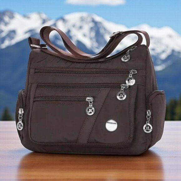 🆕️Waterproof Brown Nylon Crossbody Bag With 7 Zippered Pockets Travel Ready - Picture 12 of 12